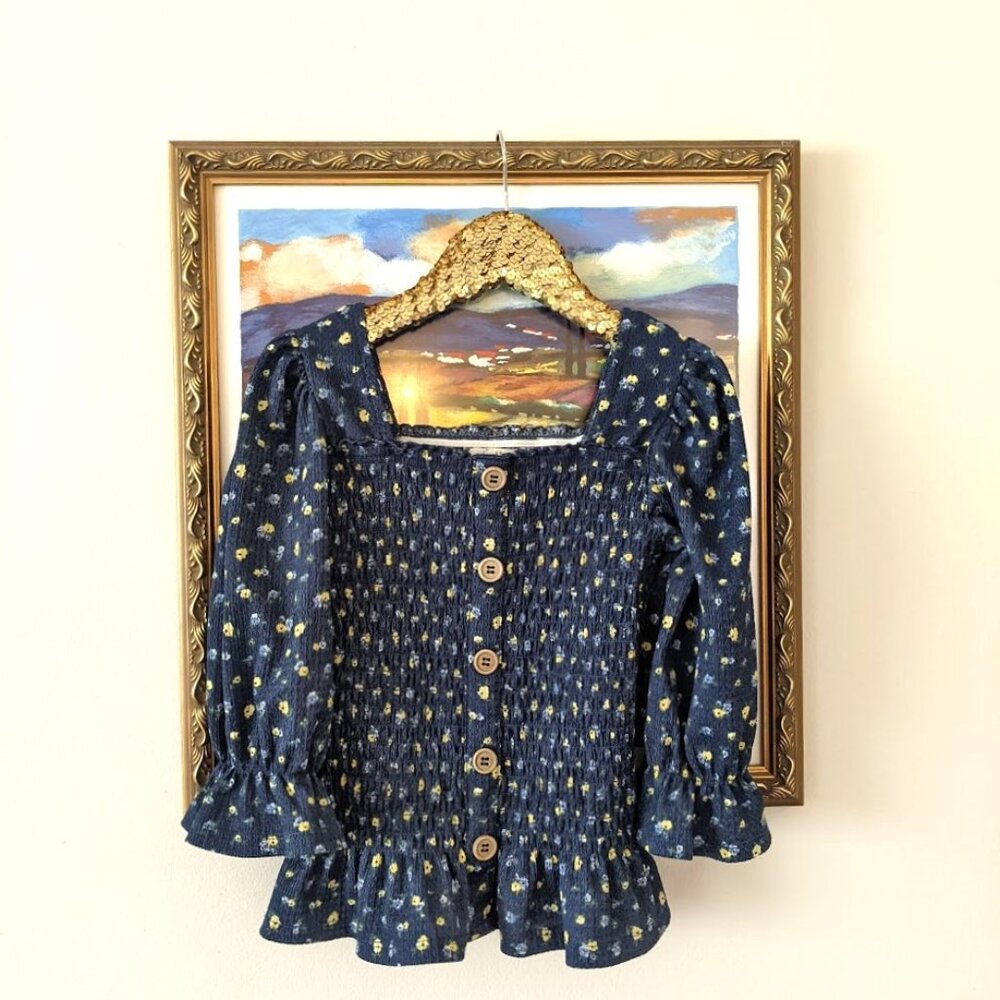 Big Girls Button Front Smocked Top In Navy